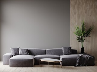 Livingroom with large lounge area - gray velor sofa - sectional couch. Empty accent  graphite color wall and parquet. Painted area for art. Modern trendy minimalist room design project. 3d render