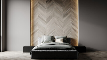 Luxury bedroom in dark colors - gray and beige. Large bed and accent wall with herringbone parquet. Modern trend 2023 minimalist interior design. Room for art - wall background. 3d rendering
