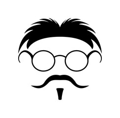 Creative simple hippie face with hair, moustache, glasses isolated on white. 70's hipster concept character vector to use in indie retro design projects.
