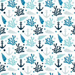 seamless pattern blue palette with seashell, anchor and underwater bubbles 