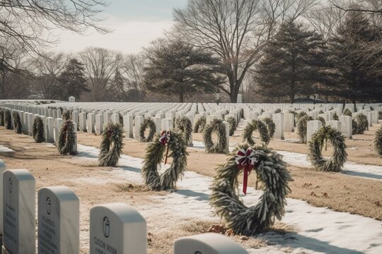 Wreaths and tombstones in Arlington cemetery, DC. Generative AI