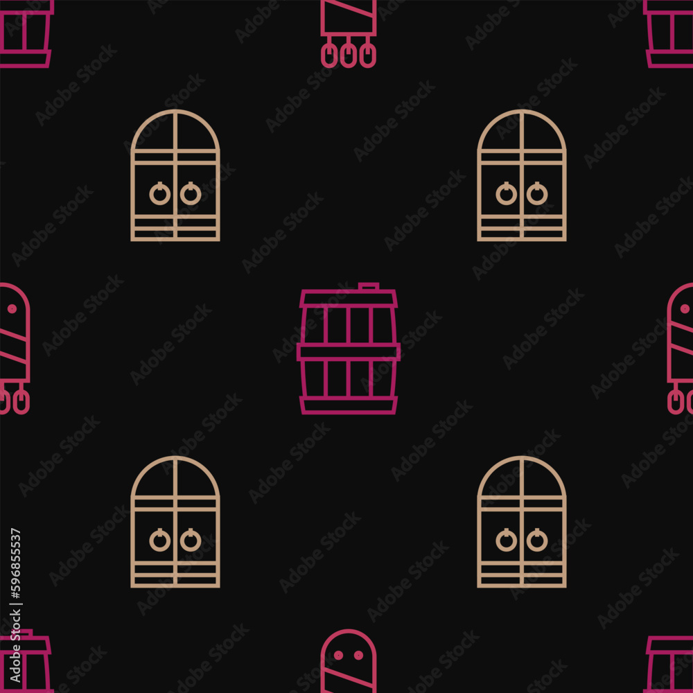 Poster set line quiver with arrows, medieval castle gate and wooden barrel on seamless pattern. vector