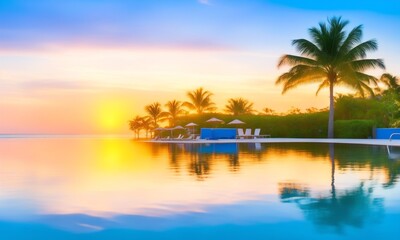 Summer  holiday vacation destination, luxurious beachfront resort swimming pool with tropical landscape, quiet warm sunset,  reflection in water (Generative AI)
