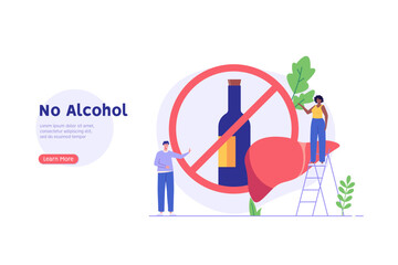 Stop drinking illustration. Healthy people refuse alcoholic drinks. Concept of alcohol addiction, sober, healthy lifestyle without alcohol. Vector flat cartoon design for web banners