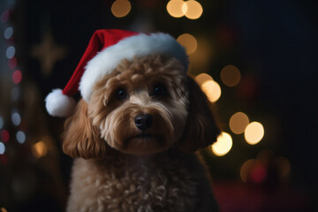 Christmas Scene with Funny Dog in Santa Hat