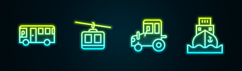 Set line Bus, Cable car, Tractor and Cargo ship. Glowing neon icon. Vector