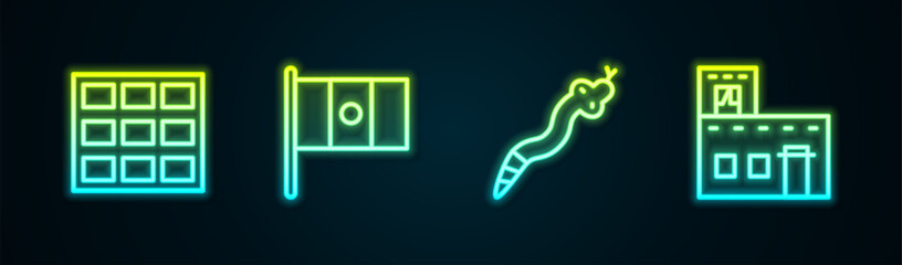 Set line Chocolate bar, Mexico flag, Snake and Mexican house. Glowing neon icon. Vector