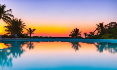 Fototapeta na wymiar Summer holiday vacation destination, luxurious beachfront resort swimming pool with tropical landscape, quiet warm sunset, reflection in water (Generative AI)