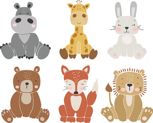 Safari animals vector, Abstract baby animals vector, boho baby animals, cute animals isolated, adorable safari baby for print, vector illustration