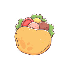 Falafel in pita bread in a cute kawaii doodle style. Vector isolated fast food illustration.