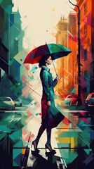 Woman walking in the city in the rain with an umbrella. Generative AI