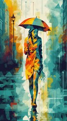 Woman walking in the city in the rain with an umbrella. Generative AI