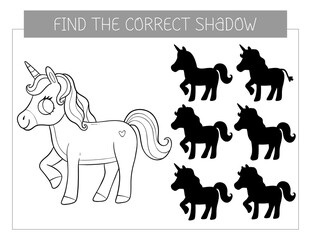 Find the correct shadow coloring book with unicorn. Coloring page educational game for kids. Cute cartoon horse unicorn. Shadow matching game. Vector illustration.