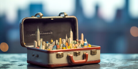 Valise ouverte avec à l'intérieur une maquette de la ville de New York. Symbolise le départ pour un voyage touristique pour la ville de New York. Faire ses valises pour New york. Generative AI - obrazy, fototapety, plakaty