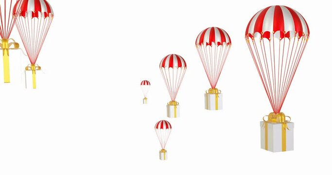 Lots of gift boxes is flying on parachutes. A lot of gift boxes is flying on parachutes against white background. 4K seamless looping videos