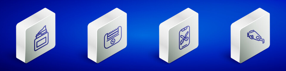 Set Isometric line Cream cosmetic jar, Electrical hair clipper, Barber online service or platform and icon. Vector