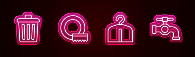 Set line Trash can, Washing dishes, Hanger wardrobe and Water tap. Glowing neon icon. Vector