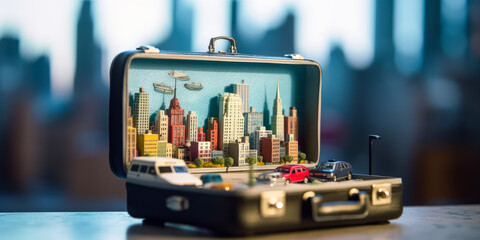 An open suitcase containing a model of New York, representing a departure for a tourist trip. Pack your bags and leave to live the unique experience of New York. Generative AI
