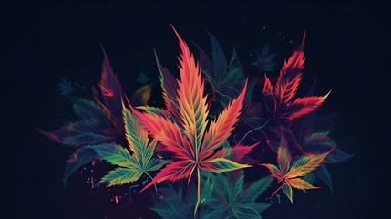 Naklejka na ściany i meble The design features a dark background with glossy, metallic, and neon elements, along with repeated patterns of marijuana leaves and cannabis for a high-contrast look. Generative AI