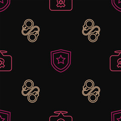 Set line Police badge, Handcuffs and on seamless pattern. Vector