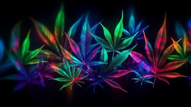 The design features a dark background with glossy, metallic, and neon elements, along with repeated patterns of marijuana leaves and cannabis for a high-contrast look. Generative AI
