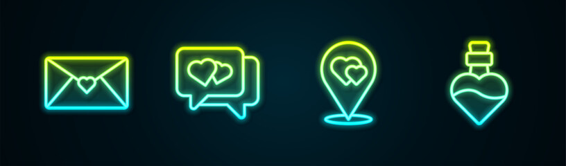 Set line Envelope with Valentine heart, Heart speech bubble, Location and Bottle love potion. Glowing neon icon. Vector