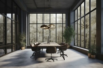 Fototapeta na wymiar 3D rendered meeting room with large windows. Generative AI