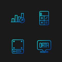 Set line Data analysis, Server, Financial growth and Calculator. Gradient color icons. Vector
