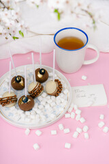 cake pops and marshmallow on plate on pink background