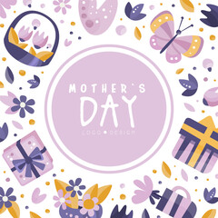 Mothers Day Card with Logo and Floral Element Backdrop Vector Template