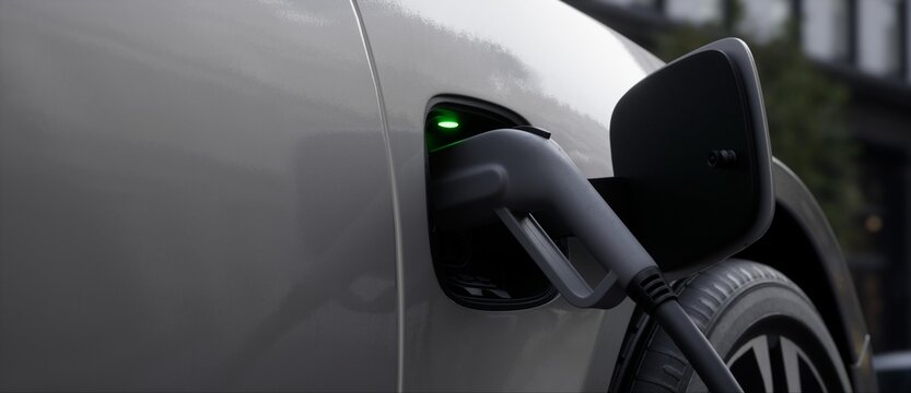 CU shot of generic EV hybrid vehicle is charging on a station, view of charger plugged into socket