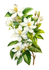 Jasmine flowers isolated on white background, watercolor illustration. Generative AI.