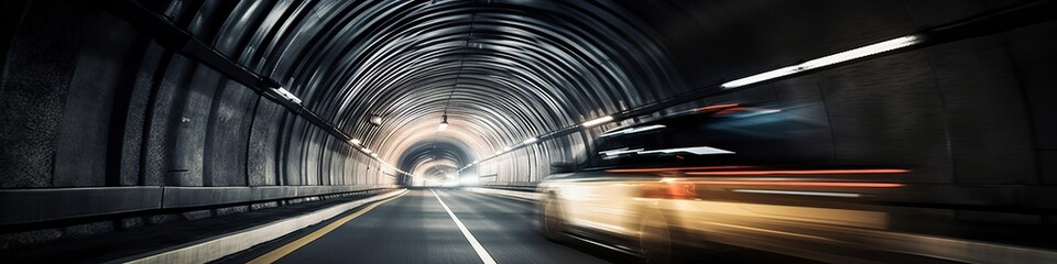 illustration, blurred car and traffic in the panoramic tunnel, website header, generative ai