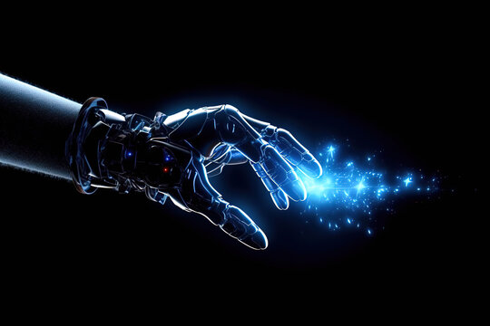 high tech robot hand on black background, blue tech futuristic light, abstract glowing rays with flickering particles, energy, science and technology, network, generative ai