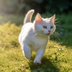 Naklejka na ściany i meble white cat running on the lawn