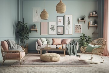 Pastel Bohemian Living Room Mockup. Generative AI