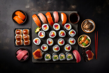 Generative AI. Sushi rolls isolated on black background