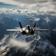 F-35 Lightning II fighter jet flying over the mountains
