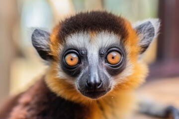 Obraz premium Close up of a baby lemur with big eyes looking into the camera lens, curious animals concept. Generative AI.