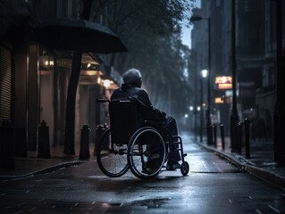 Obraz premium Einsamkeit im Rollstuhl. Das Leben in der Stadt mit Behinderung, generative AI.