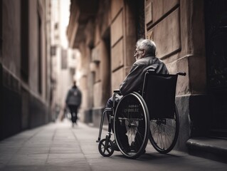 Obraz premium Einsamkeit im Rollstuhl. Das Leben in der Stadt mit Behinderung, generative AI.