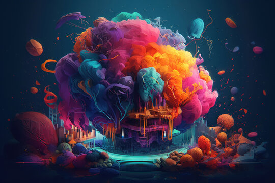 A beautiful mind presented in a creative way in vibrant colors, the concept of brain storming, coming up with ideas. Generative AI.