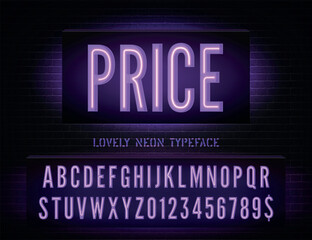 Price night light box extra glowing effect narrow font with numbers on dark brick wall background. Vector violet neon box alphabet