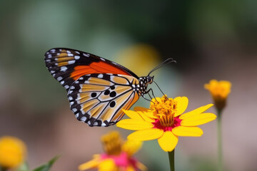 Fototapeta na wymiar A beautiful butterfly resting on a flower, enjoying the sunshine and sipping nectar. Generative AI, AI.