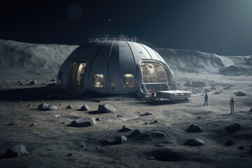 Naklejka na ściany i meble A futuristic lunar base supports space exploration with modules, vehicles, and equipment for research, resource utilization, and life support on the moon. Generative AI.