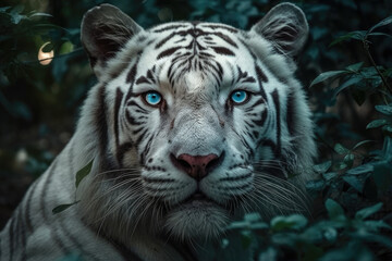 Beautiful white tiger with blue eyes among plants in the forest hiding behind green thickets. Generative AI.