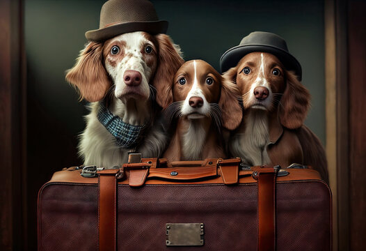 Dogs dressed in a hat, a scarf ready to go out against the backdrop of a house with suitcases, the concept of a dog family moving out, vacation. Generative AI.