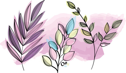 Colorful, pink leaves collection, watercolor, outline. Botanical vector illustrations for greeting card, invitation card, birthday card, presentation background, internet, social networks.