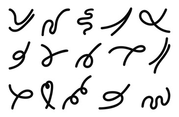 Set of squiggle lines. Doodle elements with scribbles, swirls, curls. Childish simple shapes. Fun abstract design objects, minimalist decor. Vector illustration