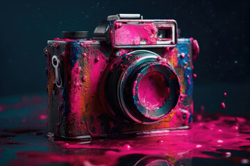 A pink-drenched camera evokes a playful and creative spirit, encouraging experimentation and spontaneity in capturing the world through a rose-tinted lens. Generative AI, AI.